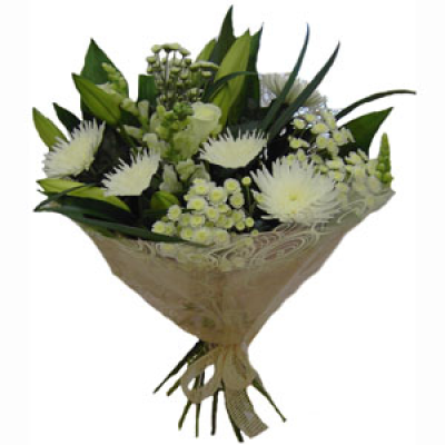 CLASS ACT - HAND TIED BUNCH OF QUALITY FLOWERS IN WHITES CREAMS AND GREENS