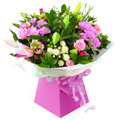 Ashleigh - A budding delight, complimented by greenery and presented in a gift box/bag. Beautiful flower bouquet hand delivered by the local florist.