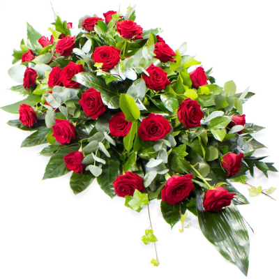 Single Ended Spray SYM-305 - This single ended spray is made using symbolic red roses for the perfect loving tribute. Same day delivery may not be possible on this design – please contact us to discuss your requirements.