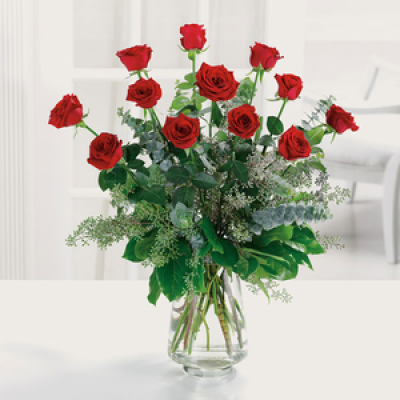 Pure Love - Beautiful long stemmed Red Roses or (other colour) in an elegant vase with greenery 