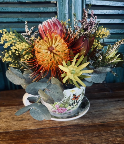Wildflower Teacup - Beautiful fresh native flowers arranged in a re-usable ceramic Teacup, as a planter.